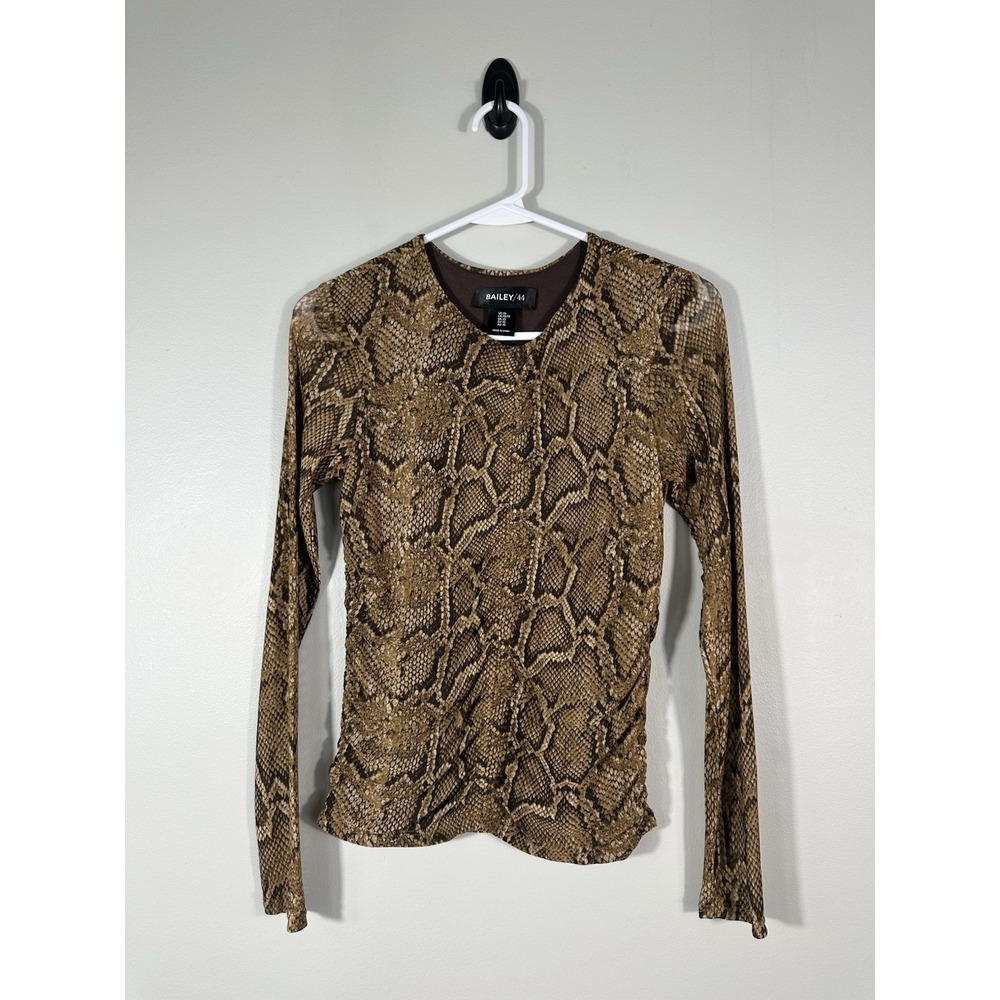 Bailey 44 Top Womens XS Brown Reptile Snake Skin Print Mesh Sheer Sleeve Ruched